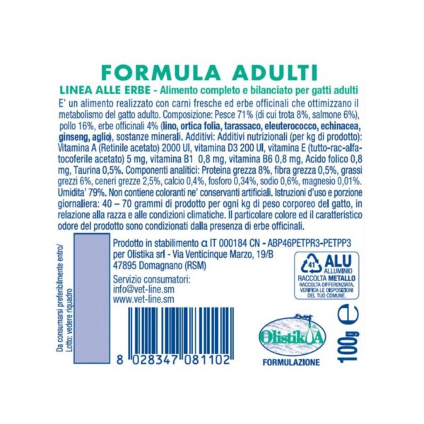 vet line umido trota e salmone per gatti 100g vetline