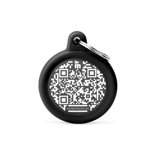 MyFamily Medaglietta per Cani QR Code Hushtag Cerchio Alluminio Nero