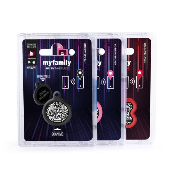 MyFamily Medaglietta per Cani QR Code Hushtag Cerchio Alluminio Nero