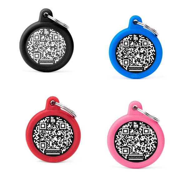 MyFamily Medaglietta per Cani QR Code Hushtag Cerchio Alluminio Nero