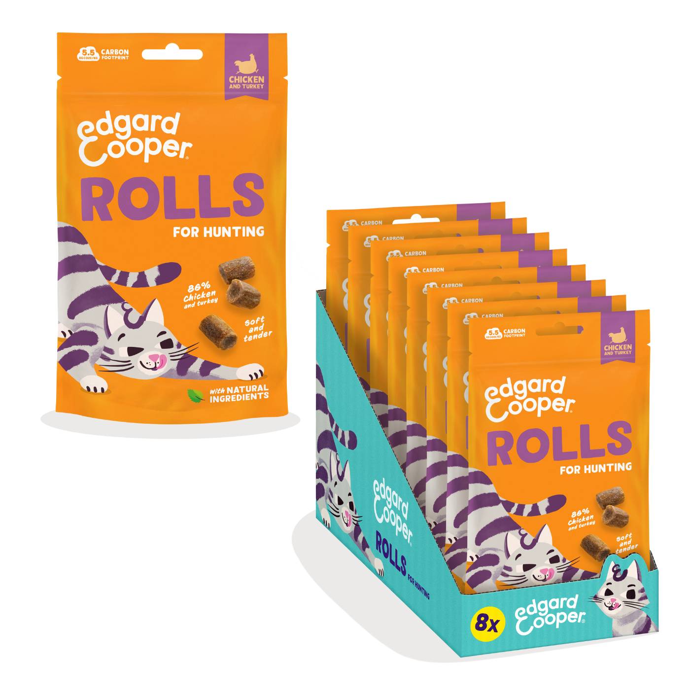 Edgard&Cooper Snack Morbidi per Gatti Rolls- Rotolini al Pollo e Tacchino 45 g.