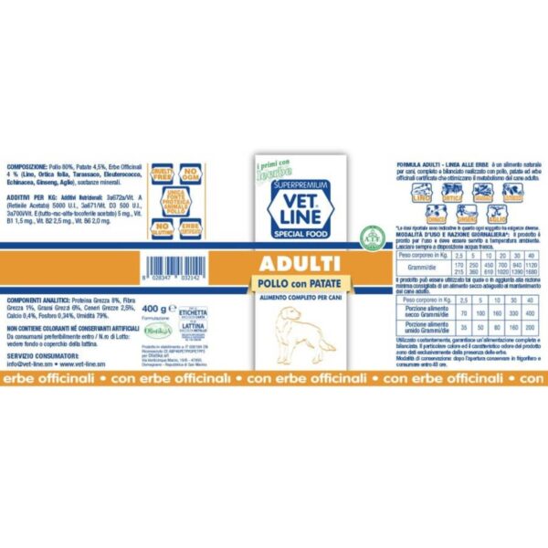 Vet Line Umido Pollo e Patate per Cani Adulti 400g VetLine