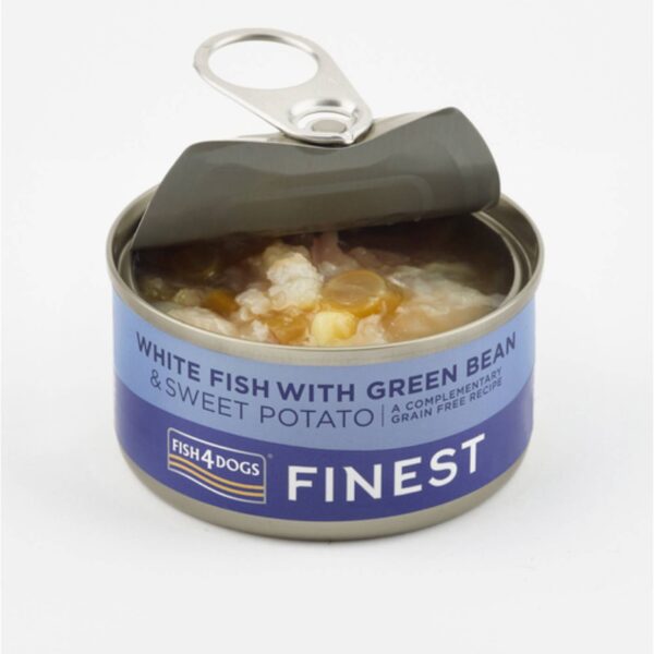1 x 85 g Fish4Dogs Finest Alimento Umido per Cani Pesce Bianco con Patata Dolce e Fagioli Verdi