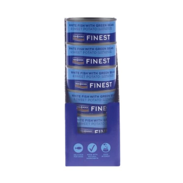 12 x 85 g Fish4Dogs Finest Alimento Umido per Cani Pesce Bianco con Patata Dolce e Fagioli Verdi