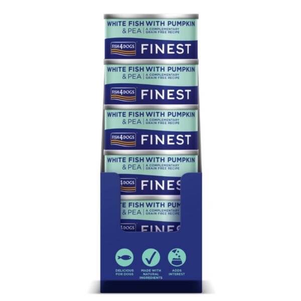 12 x 85 g Fish4Dogs Finest Alimento Umido per Cani Pesce Bianco con Zucca e Piselli