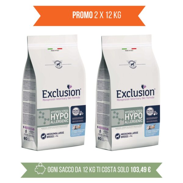 promo 2 x 12 kg (€ 103,49 a sacco) exclusion diet hypoallergenic hydrolyzed medium large pesce e amido di mais per cani adulti