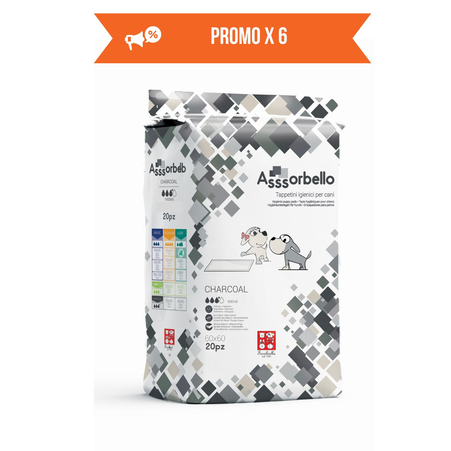 Ferribiella Tappetini Igienici per Cani ai Carboni Attivi 60 x 60 cm