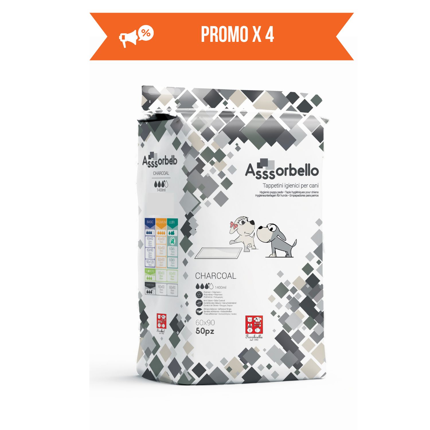 Ferribiella Tappetini Igienici per Cani ai Carboni Attivi 60 x 90 cm