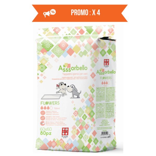 Ferribiella Tappetini Igienici Flowers per Animali Domestici 60 x 60 cm 80 pz con Strisce Adesive