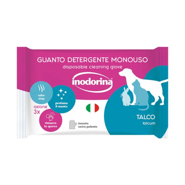 Inodorina Guanto Detergente Umidificato Monouso per Cani Cuccioli e Gatti Talco