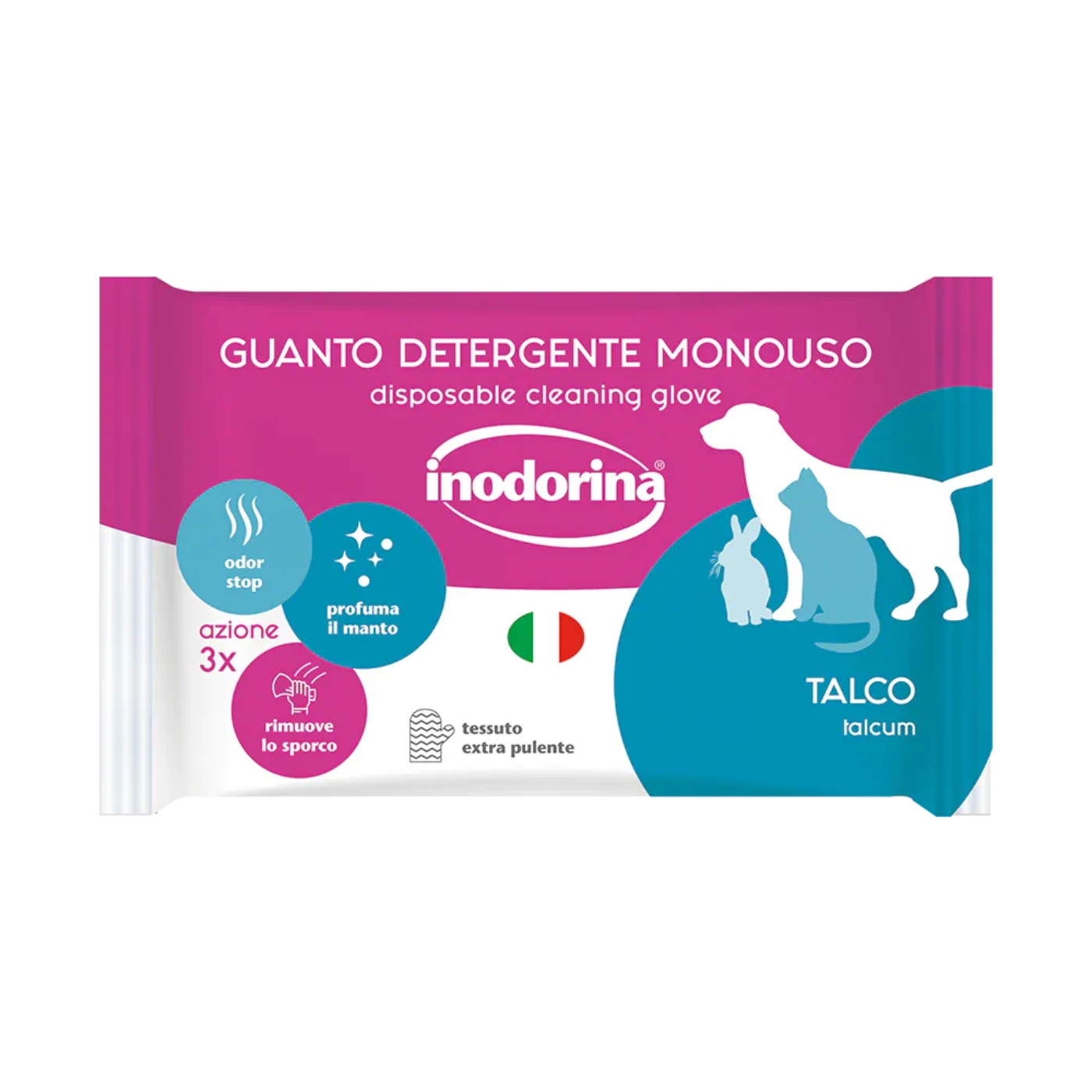 Inodorina Guanto Detergente Umidificato Monouso per Cani Cuccioli e Gatti Talco