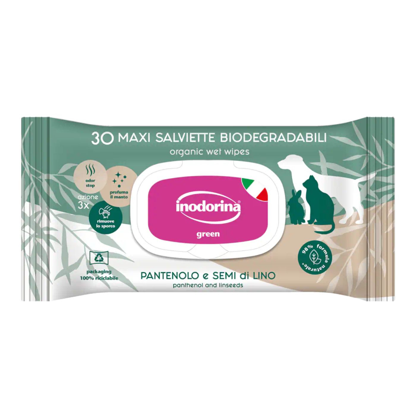 Inodorina Salviette Detergenti Umidificate Biodegradabili per Cani e Gatti Pantenolo e Semi di Lino 30 pz