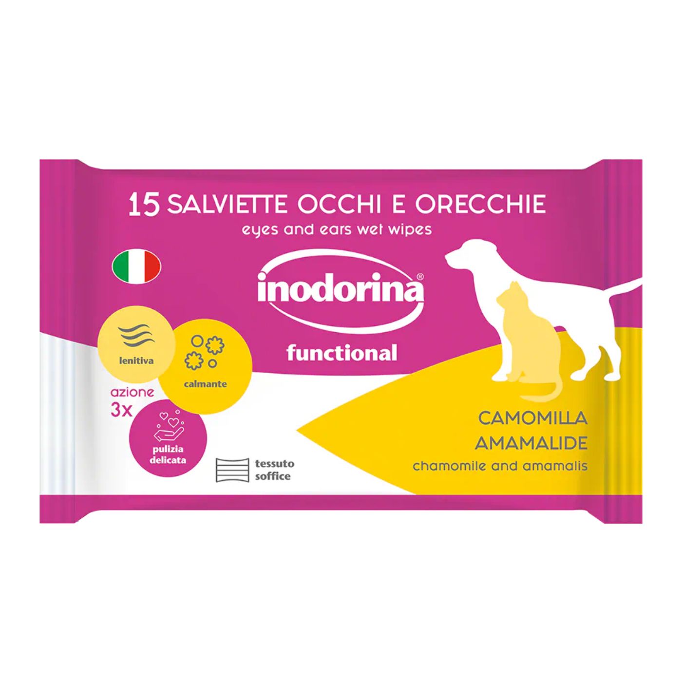 Inodorina Salviette Detergenti Umidificate Occhi e Orecchie per Cani e Gatti con Camomilla 15 pz