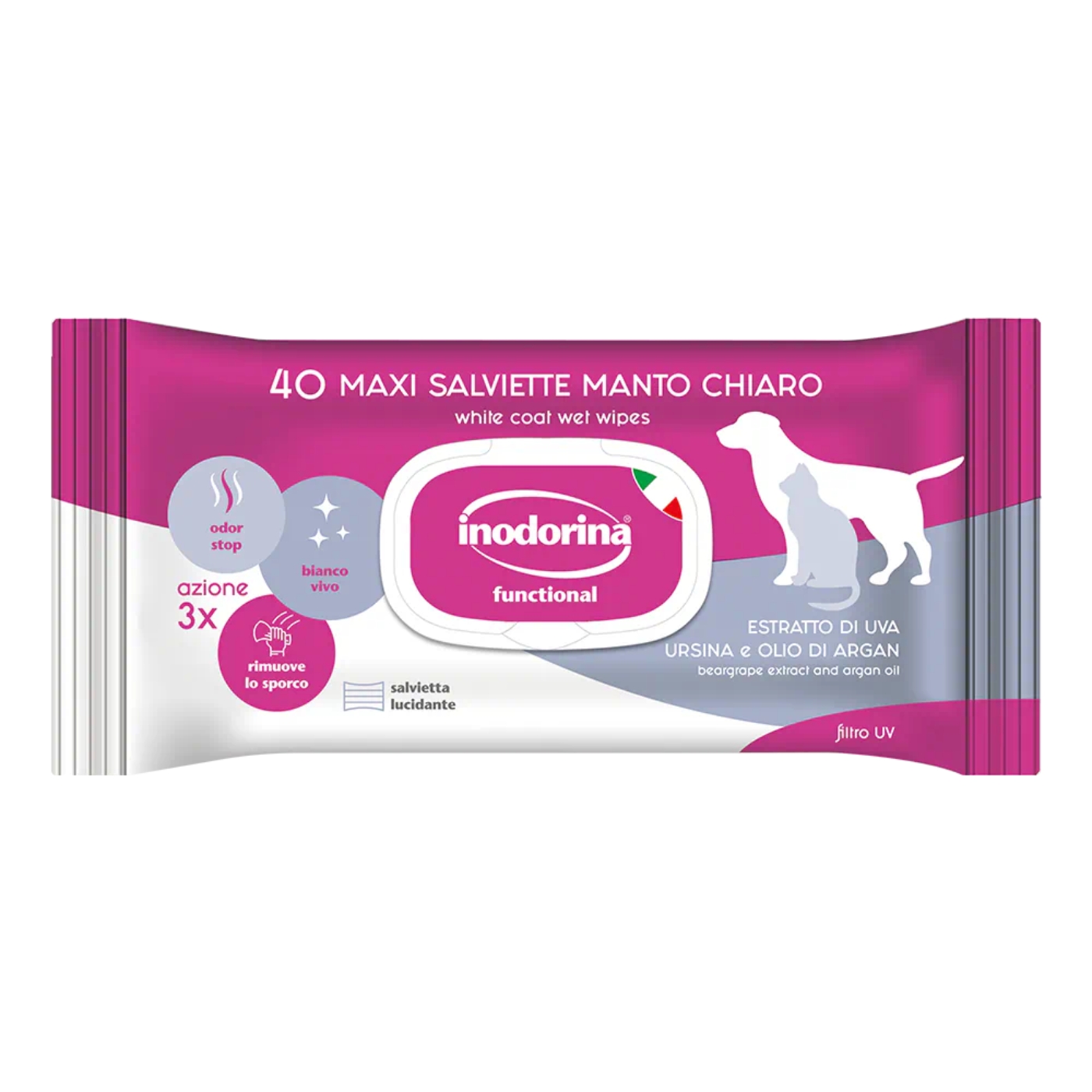 Inodorina Salviette Detergenti Umidificate per Cani Cuccioli e Gatti a Manto Chiaro 40 pz