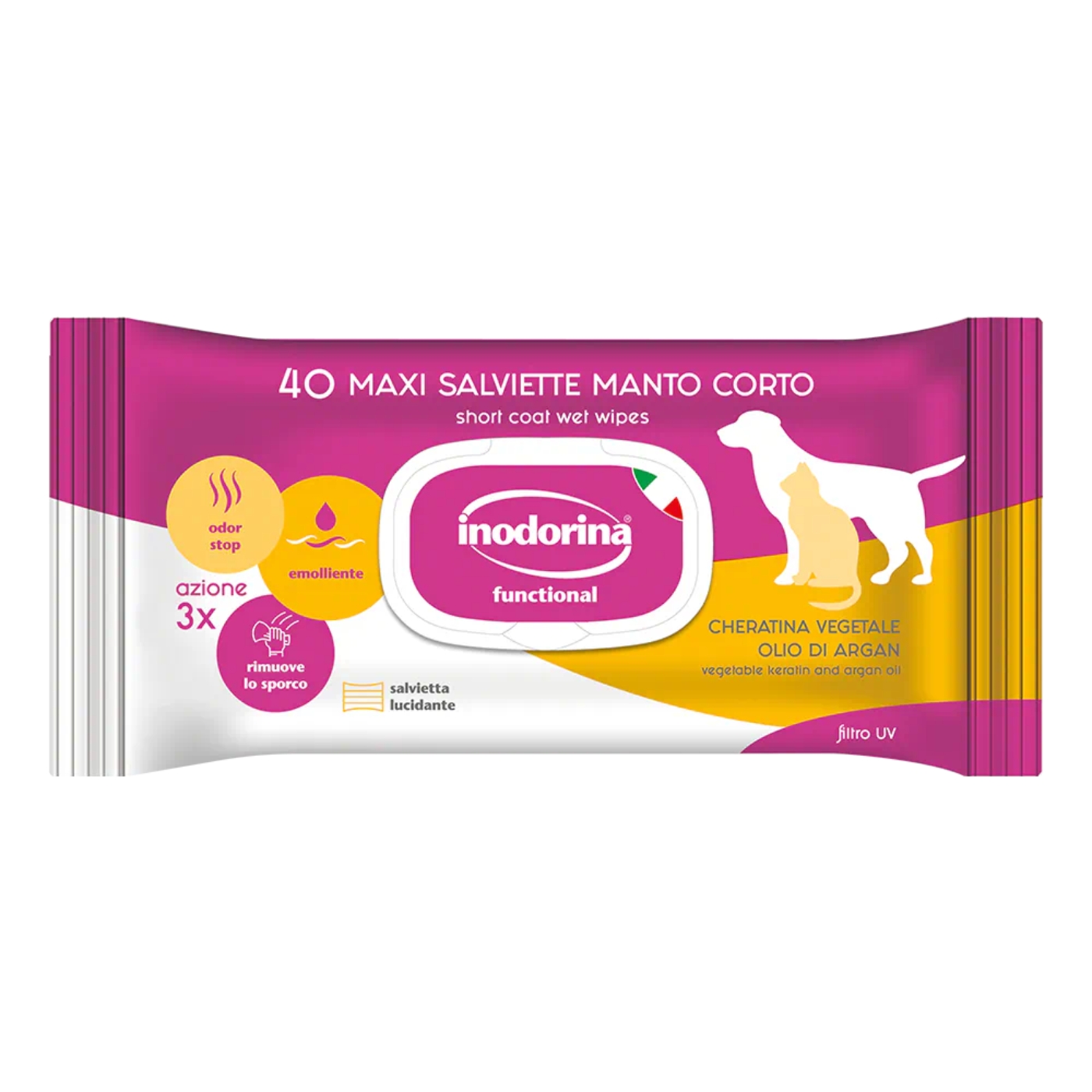 Inodorina Salviette Detergenti Umidificate per Cani Cuccioli e Gatti a Manto Corto 40 pz