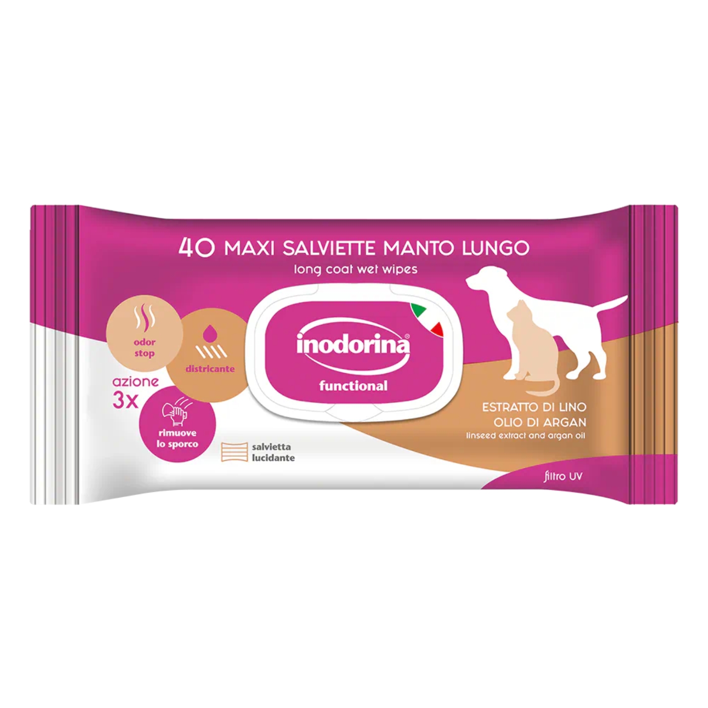 Inodorina Salviette Detergenti Umidificate per Cani Cuccioli e Gatti a Manto Lungo 40 pz
