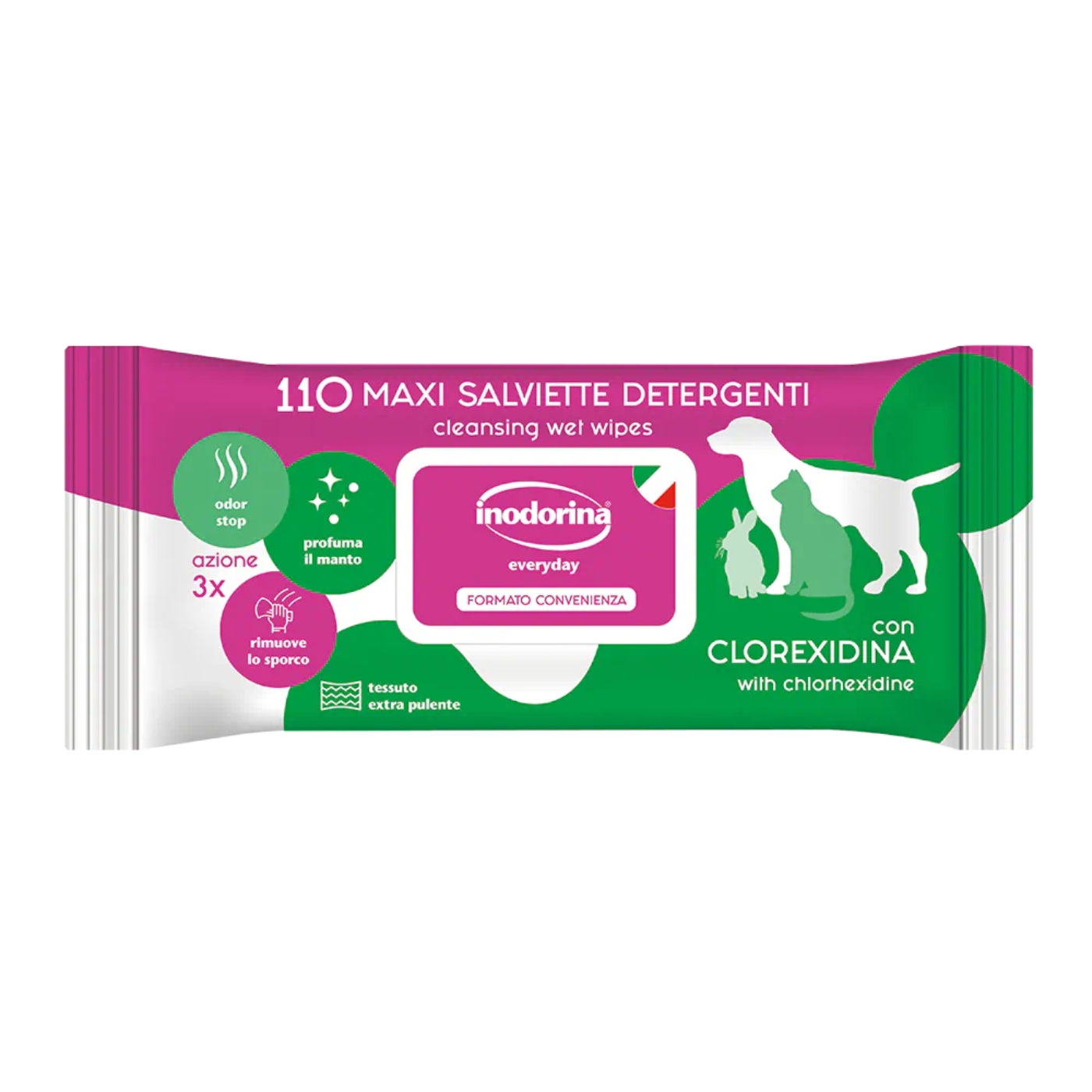Inodorina Salviette Detergenti Umidificate per Cuccioli Cani e Gatti alla Clorexidina Everyday 110 pz