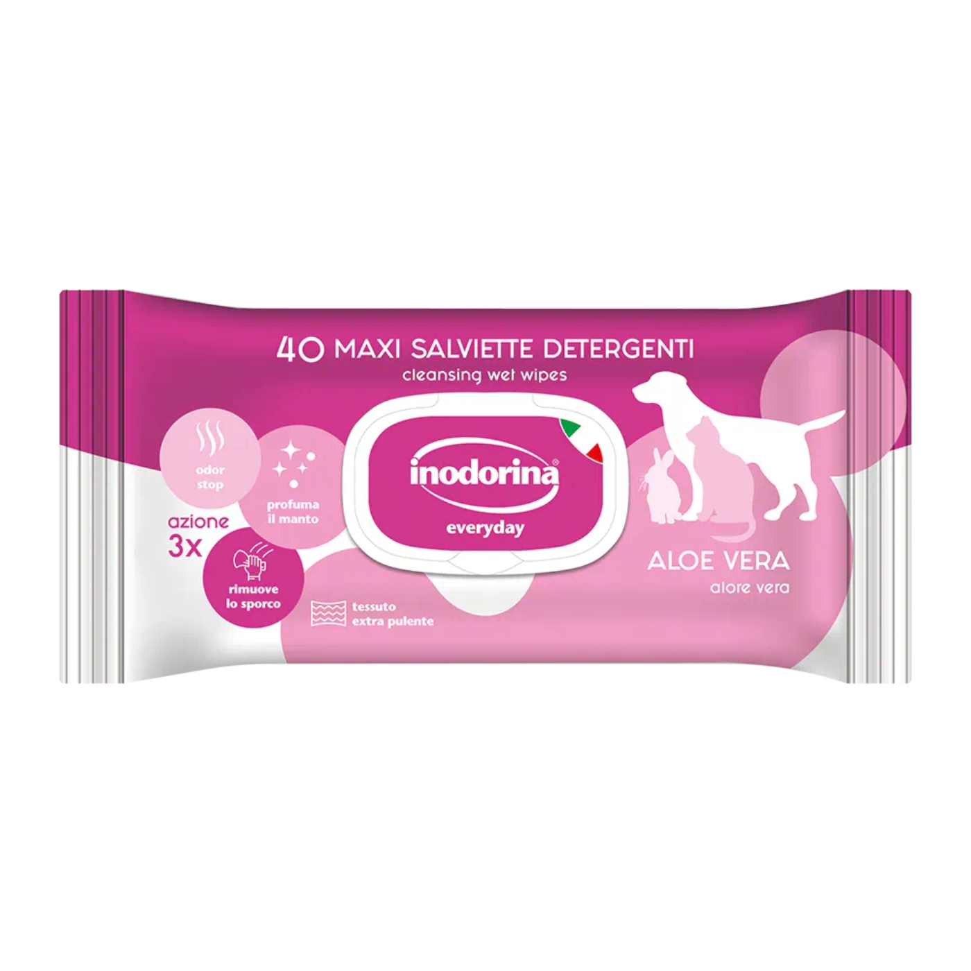 Inodorina Salviette Detergenti Umidificate per Cuccioli Cani e Gatti Aloe Vera Everyday 40 pz