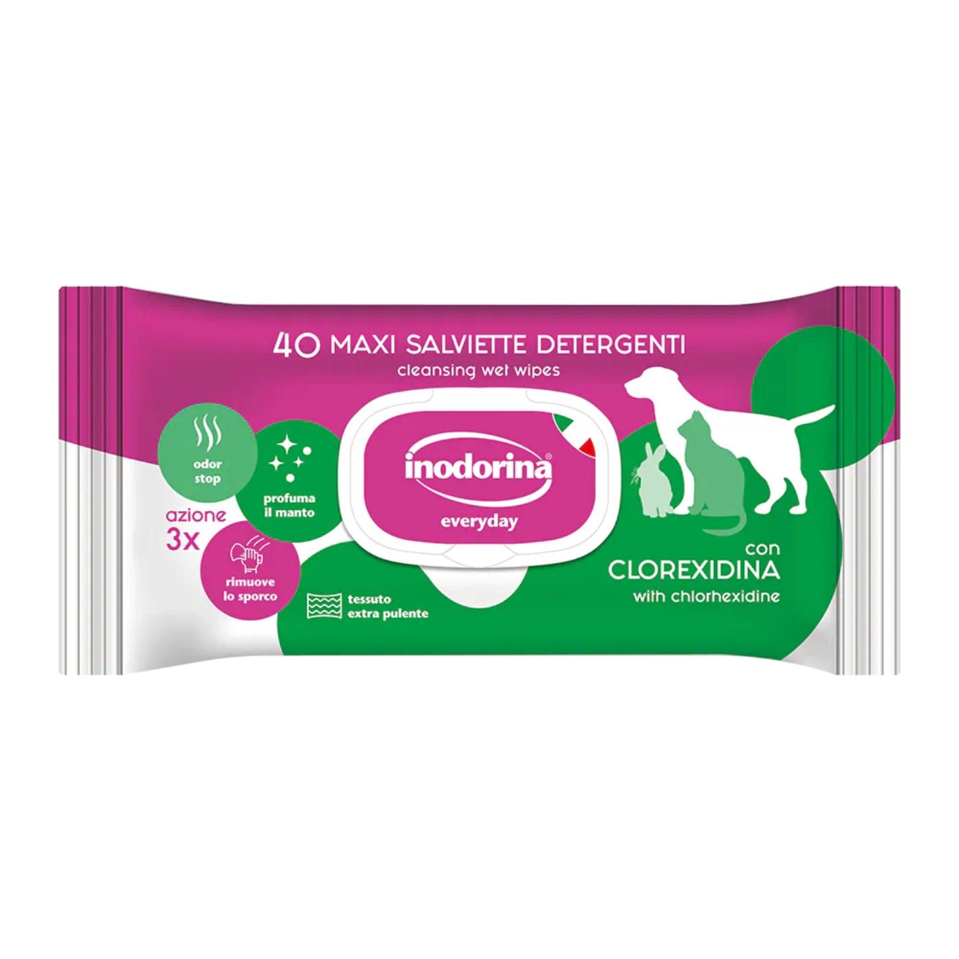 Inodorina Salviette Detergenti Umidificate per Cuccioli Cani e Gatti con Clorexidina Everyday 40 pz