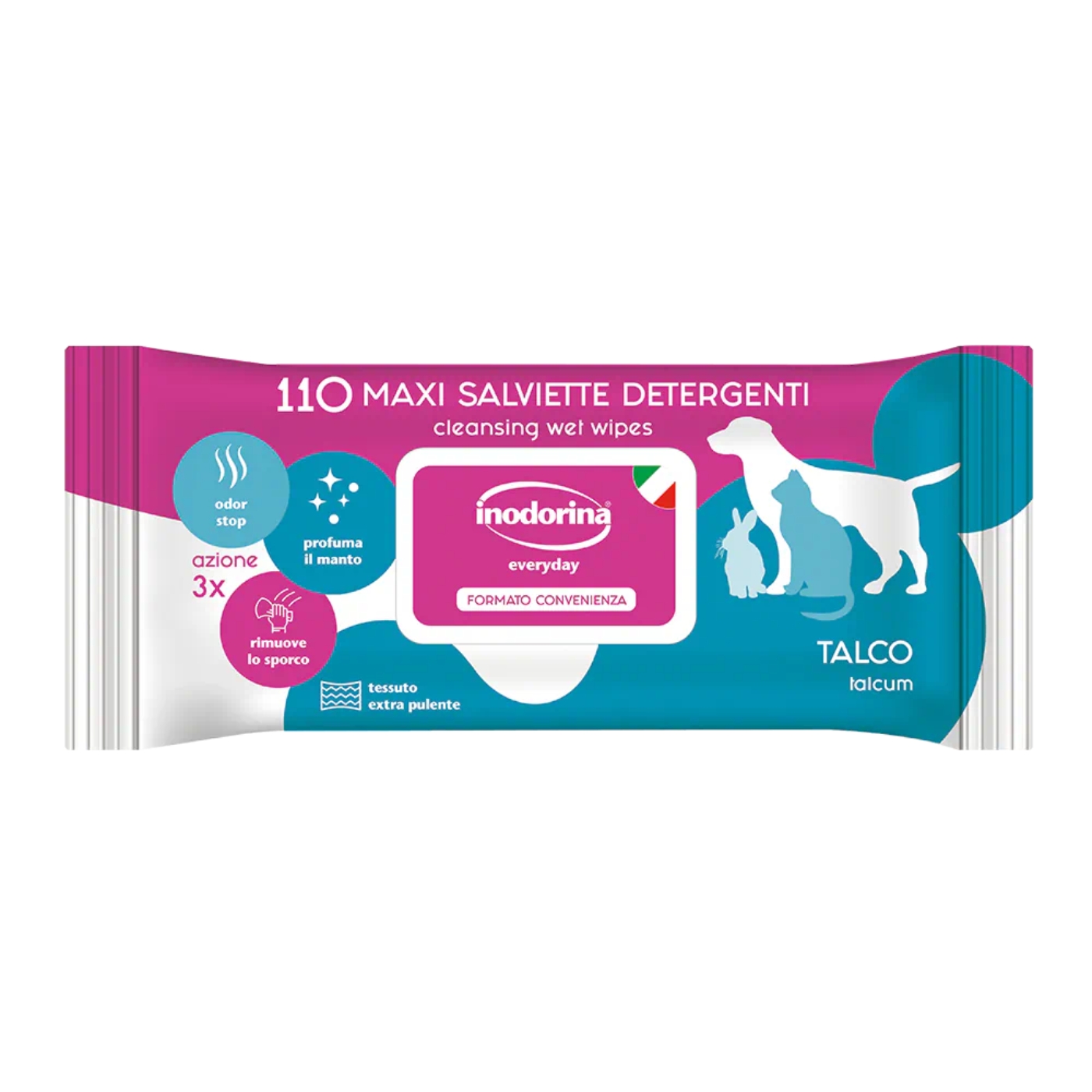 Inodorina Salviette Detergenti Umidificate per Cuccioli Cani e Gatti Talco Everyday 110 pz