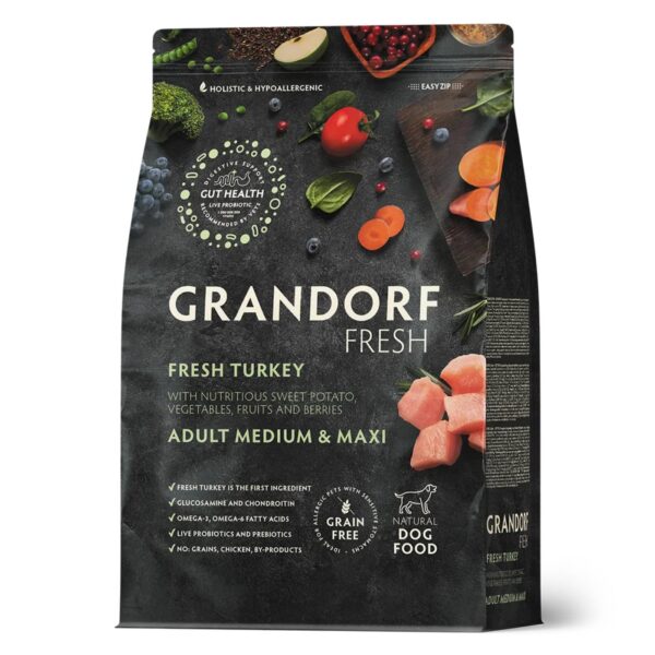 Grandorf Fresh Adult Medium & Maxi Breeds con Carne Fresca di Tacchino e Patata Dolce per Cani Adulti