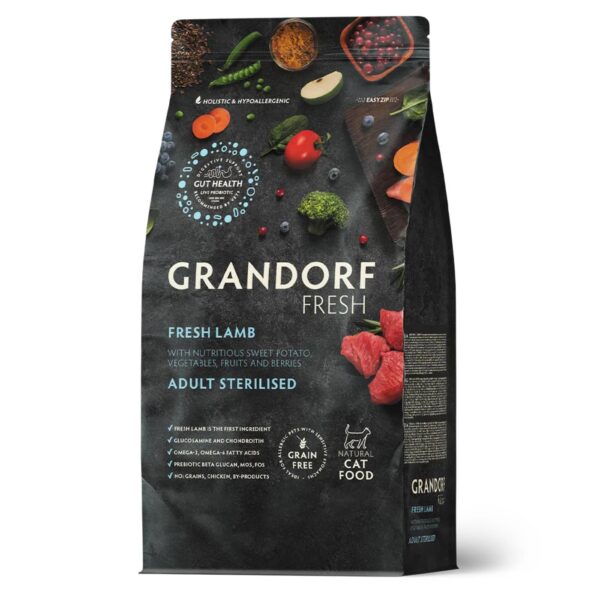 Grandorf Fresh Cat con Carne Fresca di Agnello e Patate Dolci per Gatti Sterilizzati o Anziani