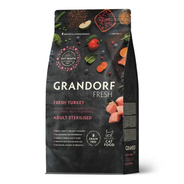 Grandorf Fresh Cat con Carne Fresca di Tacchino e Patate Dolci per Gatti Sterilizzati o Anziani