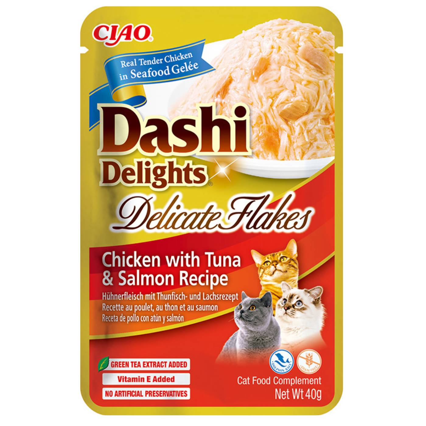 Inaba® Ciao® Dashi Delights Delicate Flakes Pollo con Tonno e Salmone Umido per Gatti 40 g