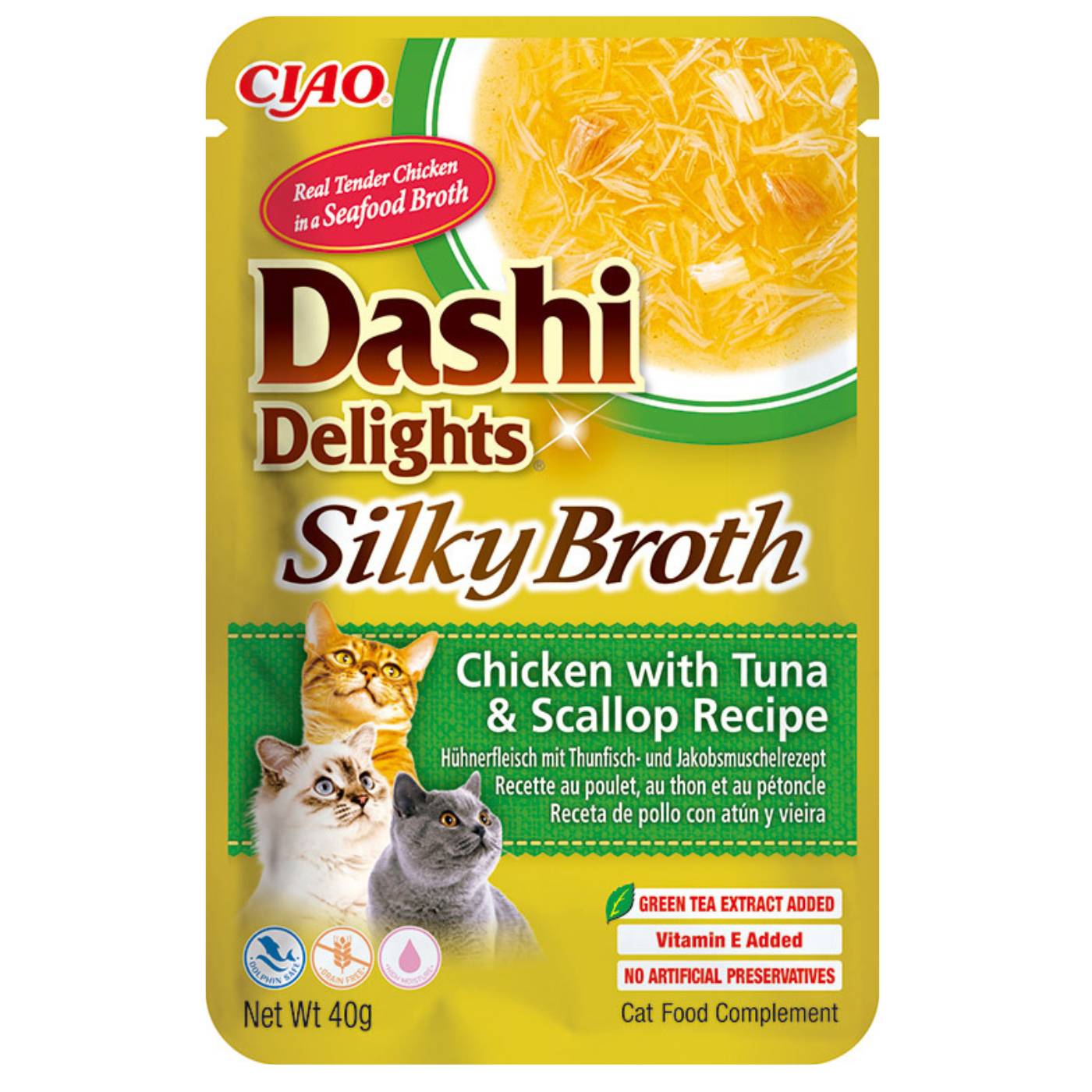 Inaba® Ciao® Dashi Delights Silky Broth Pollo con Tonno & Capesante Umido per Gatti 40 g