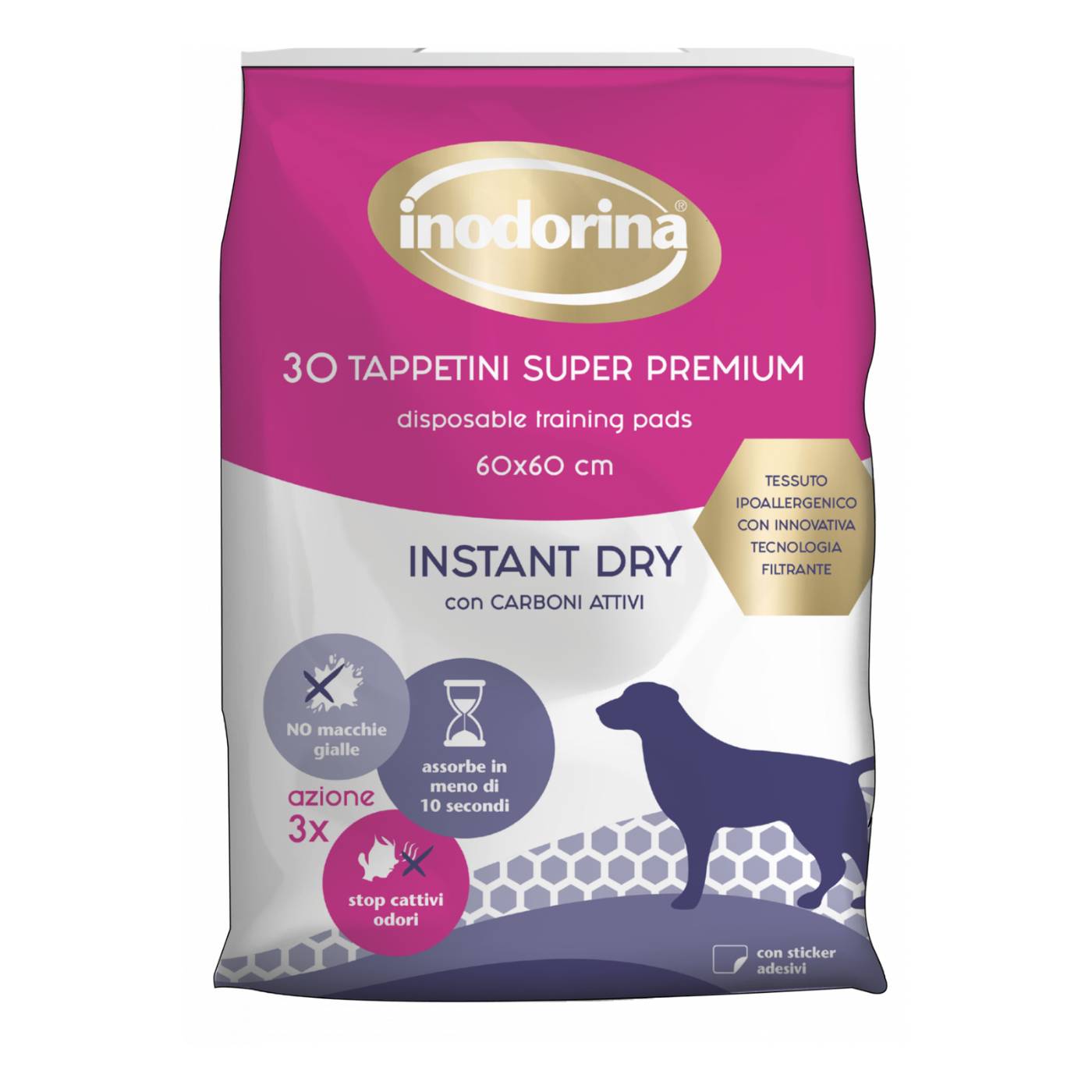 Inodorina Tappetini Super Premium Instant Dry per Cani con Carboni Attivi 60x60 cm. 30 pz.
