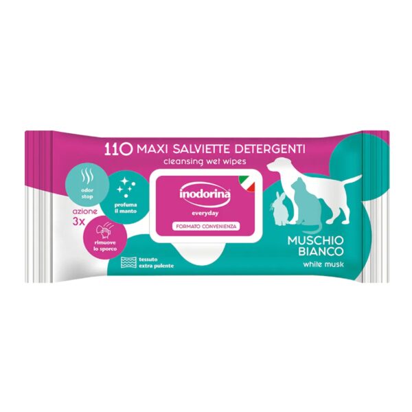 Inodorina Salviette Detergenti Umidificate per Cuccioli Cani e Gatti Muschio Bianco Everyday 110 pz