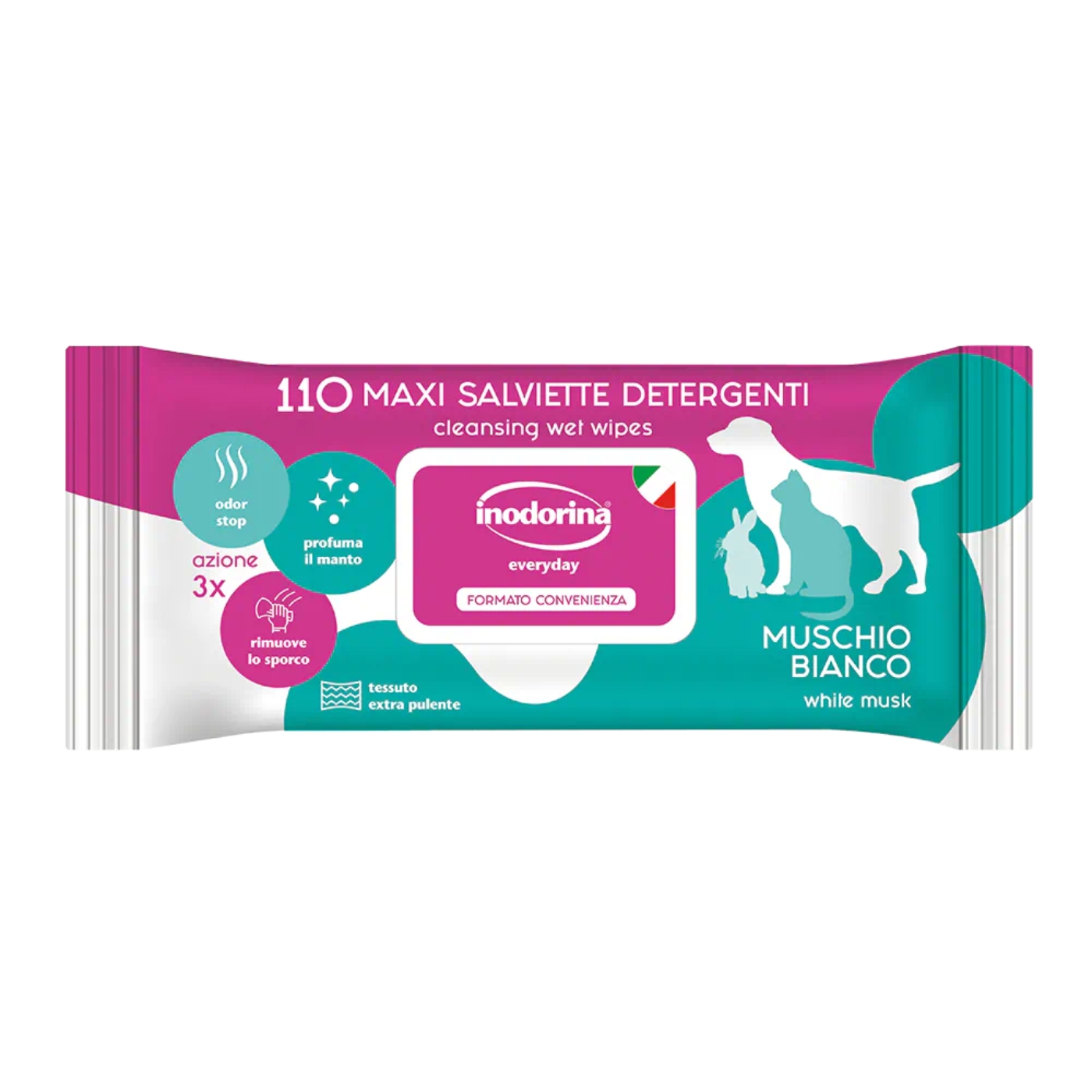Inodorina Salviette Detergenti Umidificate per Cuccioli Cani e Gatti Muschio Bianco Everyday 110 pz