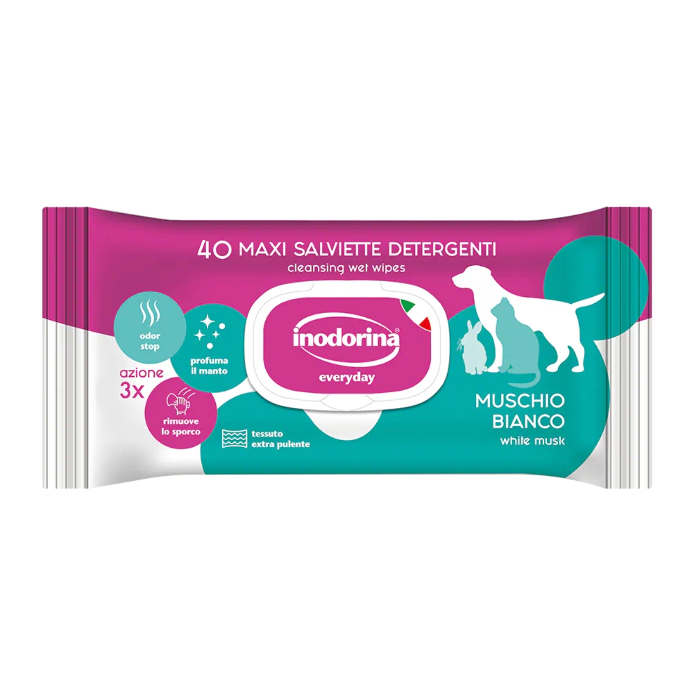 Inodorina Salviette Detergenti Umidificate per Cuccioli Cani e Gatti Muschio Bianco Everyday 40 pz