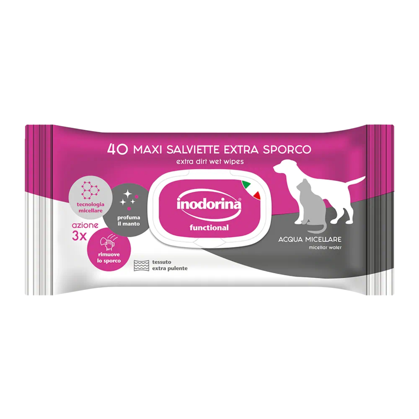 Inodorina Salviette Extra Sporco Umidificate per Cani e Gatti - Acqua Micellare 40 pz