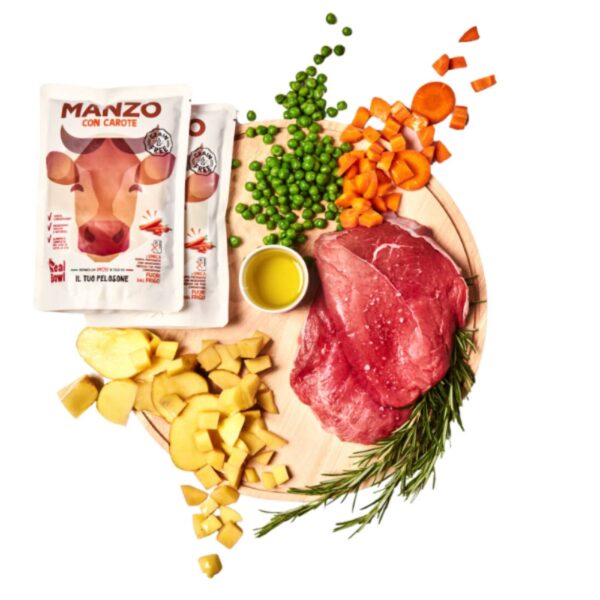 14 buste x 400 g real bowl alimento fresco cotto per cani al manzo con carote grain free