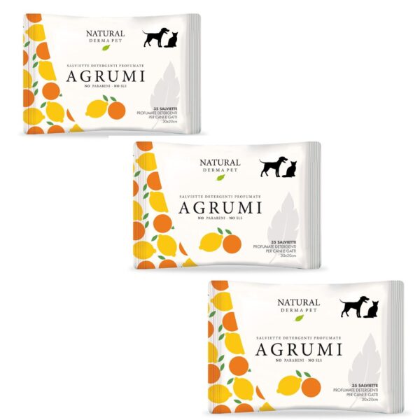 derbe salviette agrumi per cani gatti e cuccioli 3 pz 100% biodegradabili