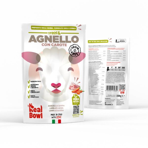 1 busta x 150 g real bowl alimento fresco cotto per cani all'agnello con carote grain free