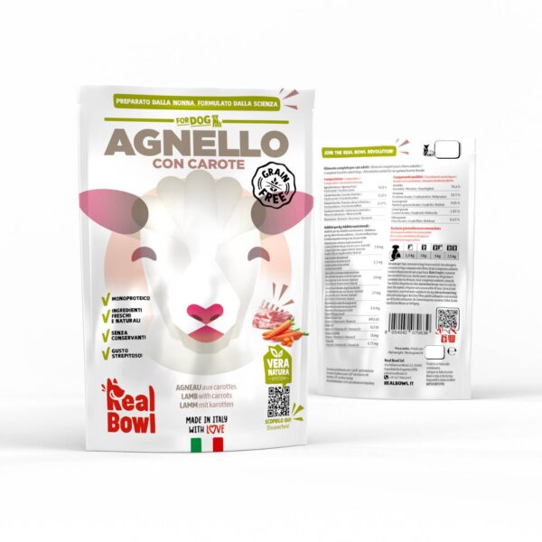 Real Bowl Alimento Completo Fresco Cotto per Cani all'Agnello con Carote Senza Cereali Grain Free