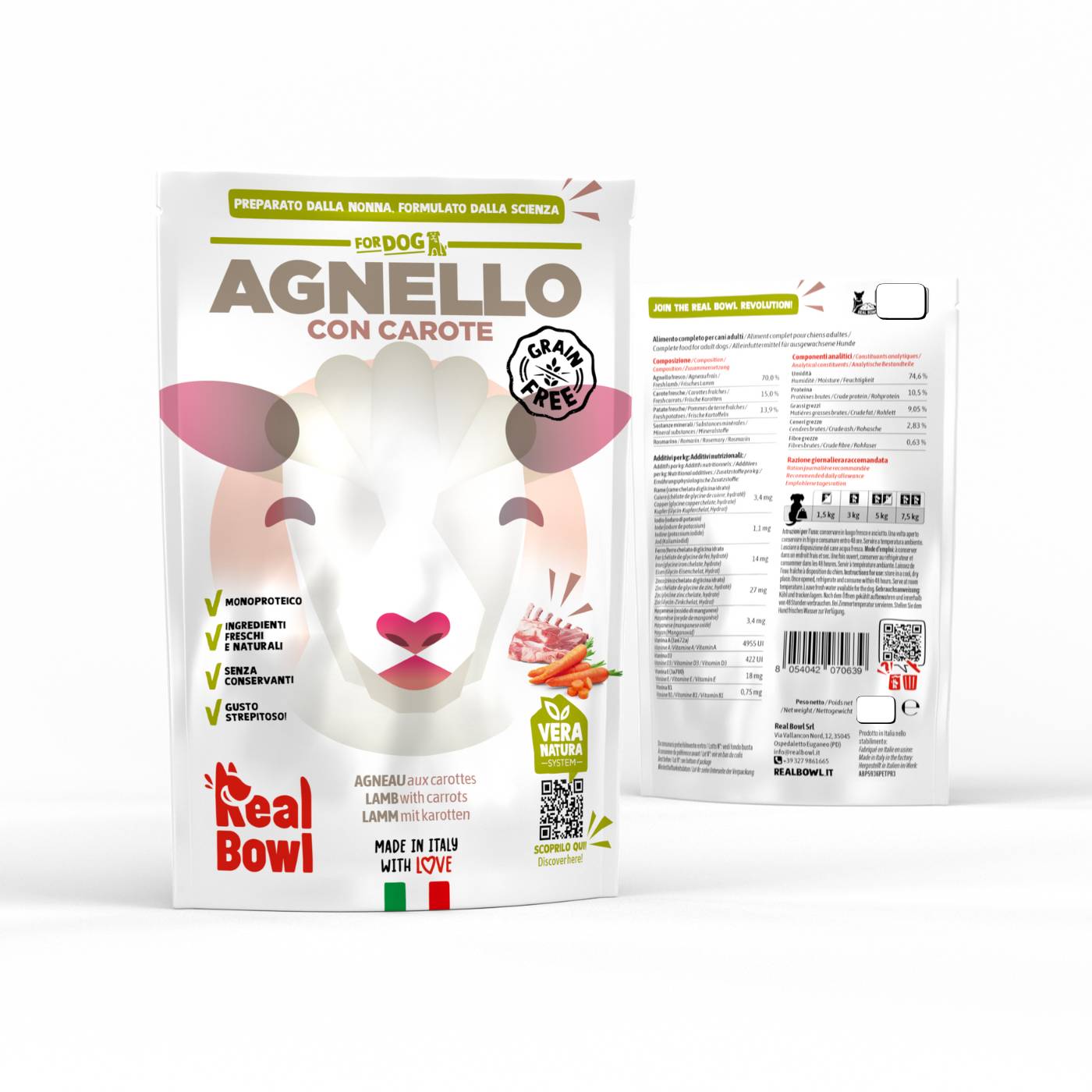Real Bowl Alimento Completo Fresco Cotto per Cani all'Agnello con Carote Senza Cereali Grain Free