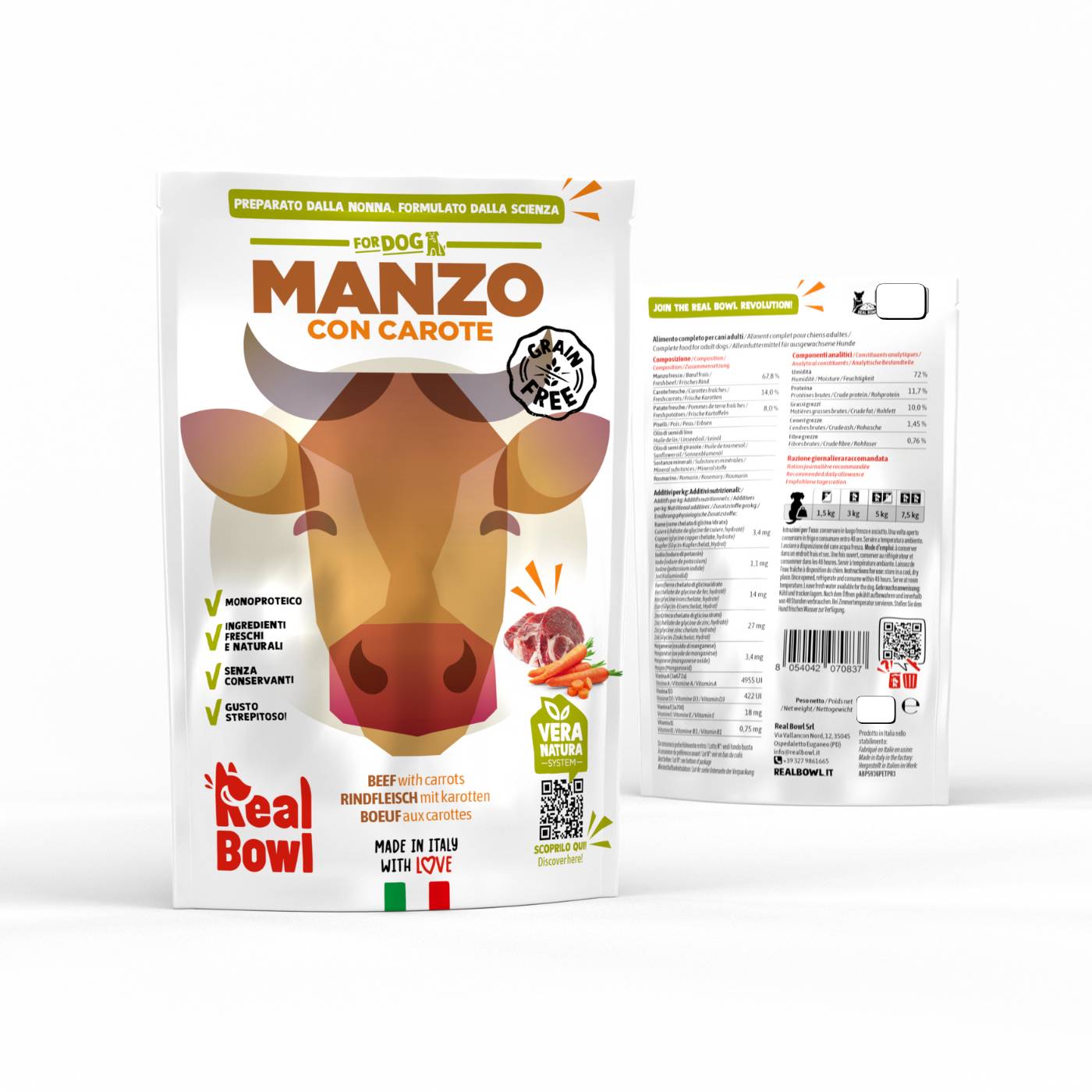 real bowl alimento completo fresco cotto per cani al manzo con carote senza cereali grain free