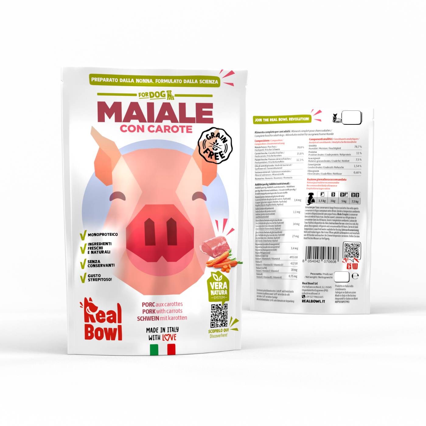 Real Bowl Alimento Completo Fresco Cotto per Cani al Maiale con Carote Senza Cereali Grain Free