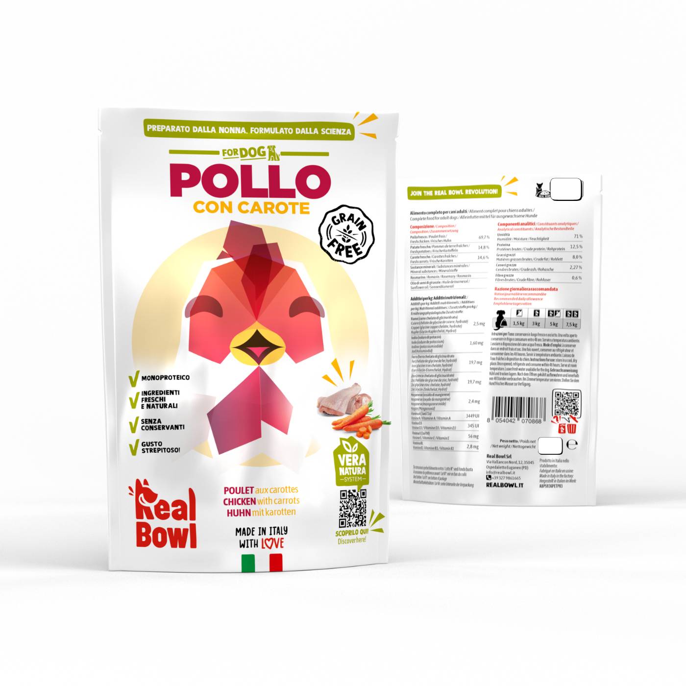 real bowl alimento completo fresco cotto per cani al pollo con carote senza cereali grain free