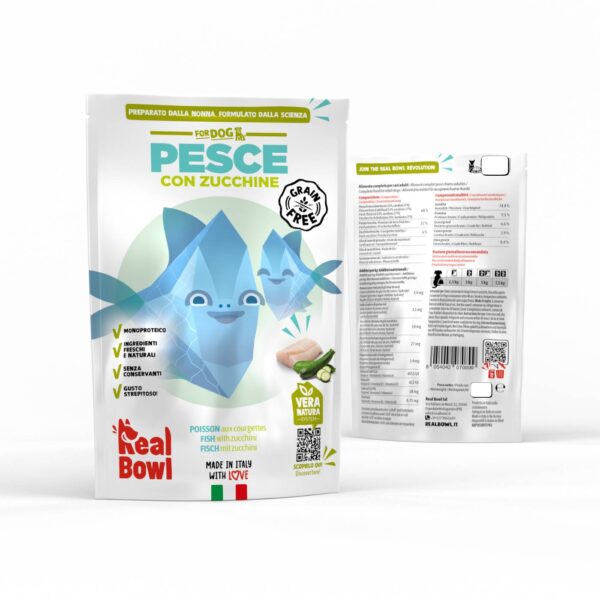 real bowl alimento completo fresco cotto per cani al pesce con zucchine senza cereali grain free