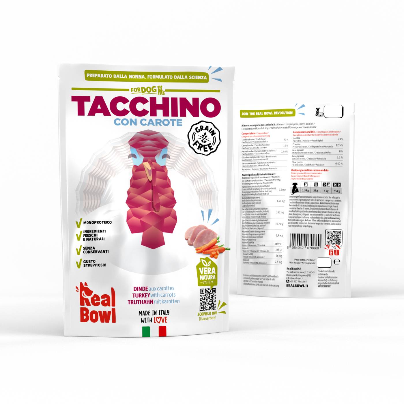 Real Bowl Alimento Completo Fresco Cotto per Cani al Tacchino con Carote Senza Cereali Grain Free