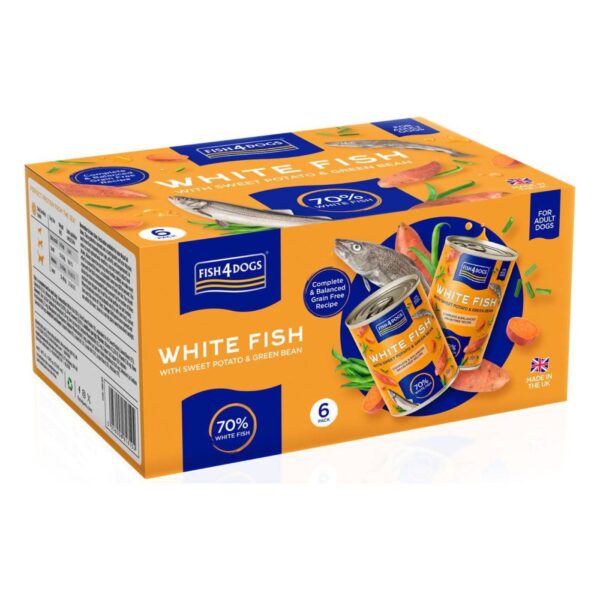 6 x 395 g - Fish4Dogs Finest Complete Umido Pesce Bianco e Patate Dolci e Fagiolini per Cani Adulti