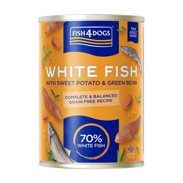 6 x 395 g - Fish4Dogs Finest Complete Umido Pesce Bianco e Patate Dolci e Fagiolini per Cani Adulti