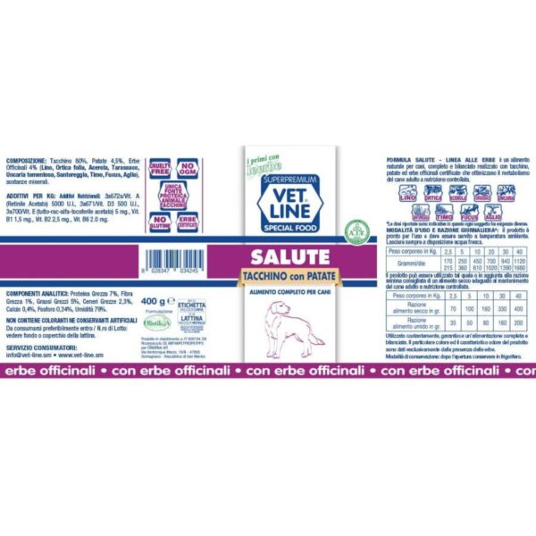 Vet Line Salute Tacchino con Patate Umido Monoproteico per Cani 400 g