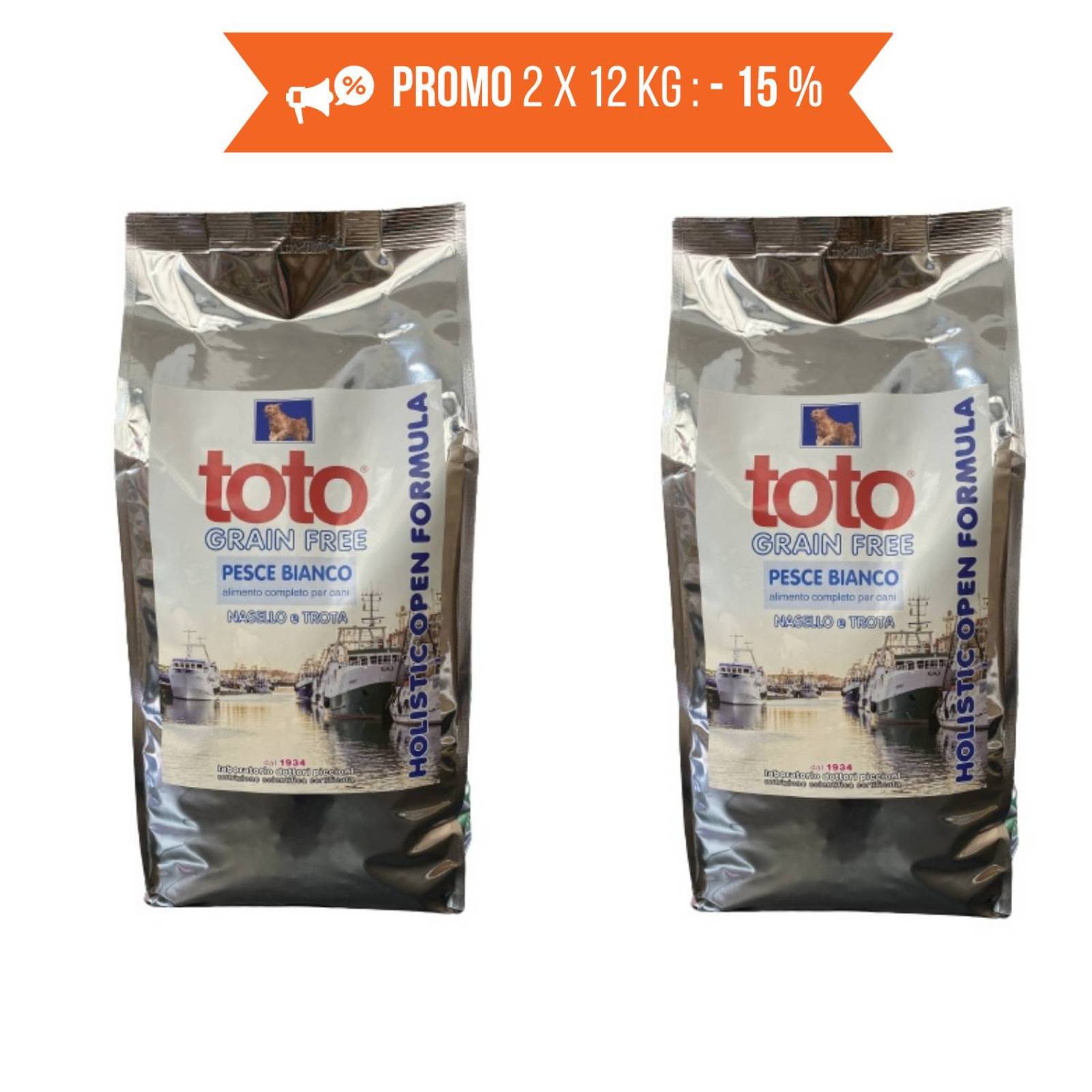 promo 2 x 12 kg toto holistic open formula pesce bianco nasello e trota grain free per cani (€ 88,57 a sacco)
