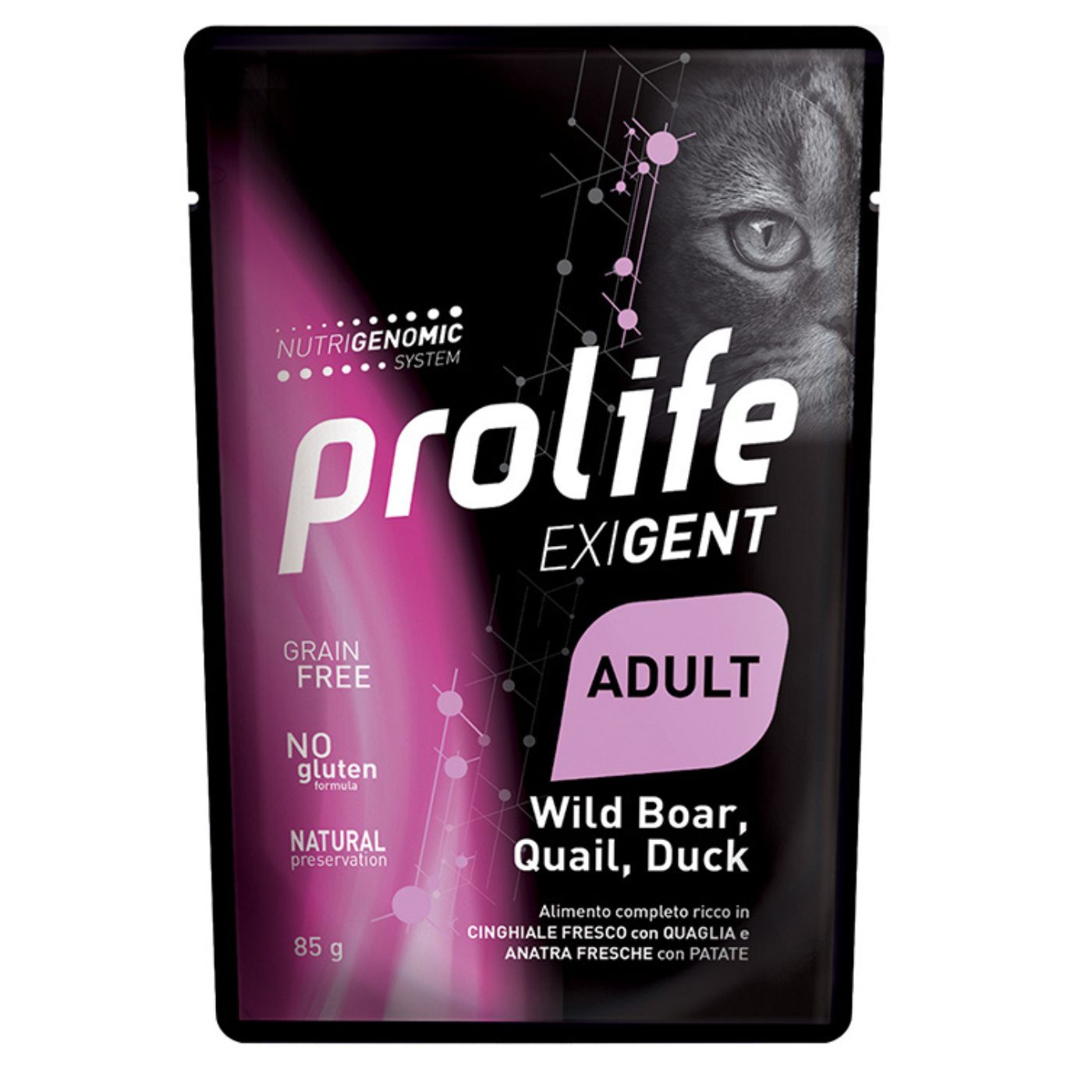Prolife Cat Exigent Adult Cinghiale con Quaglia e Anatra con Patate Umido per Gatti