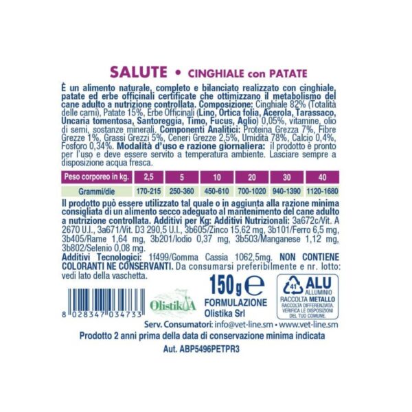 vet line salute cinghiale con patate alimento umido monoproteico per cani vetline